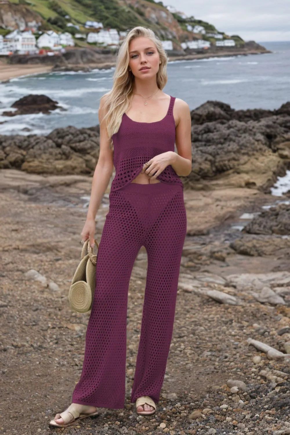 Hollow Out Round Neck Top and Pants Sweater Cover Up Set - Fashorio