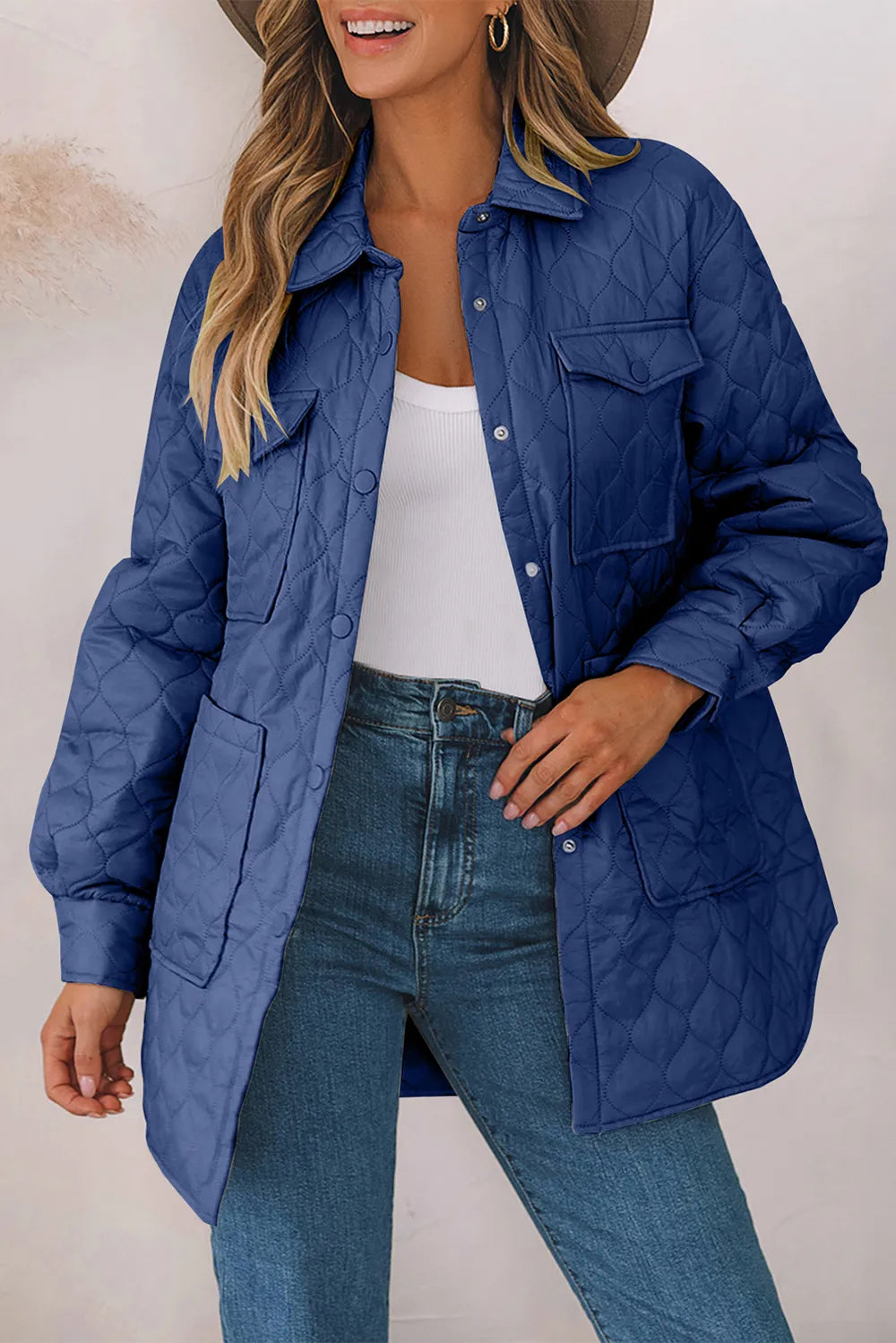Snap Down Collared Winter Coat French Blue - Fashorio