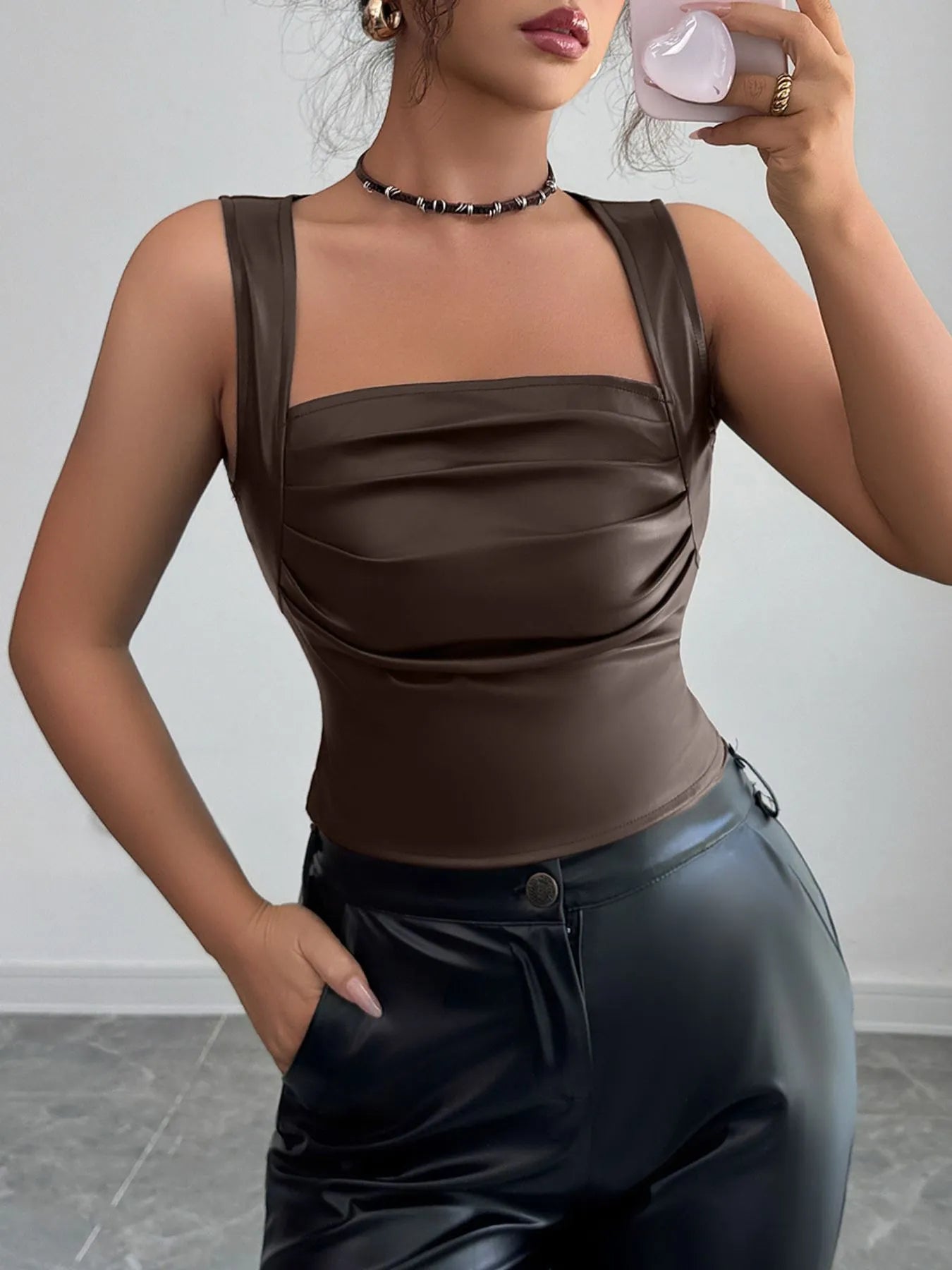 Leather-Look Ruched Tank - Fashorio