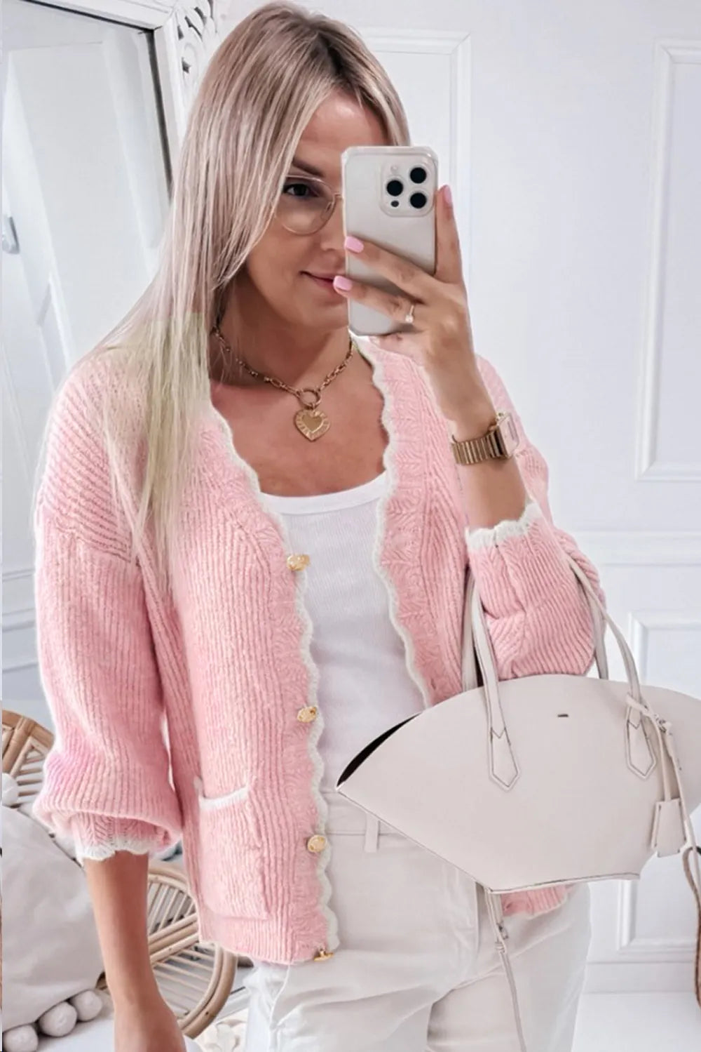 Contrast Trim V-Neck Long Sleeve Cardigan - Fashorio