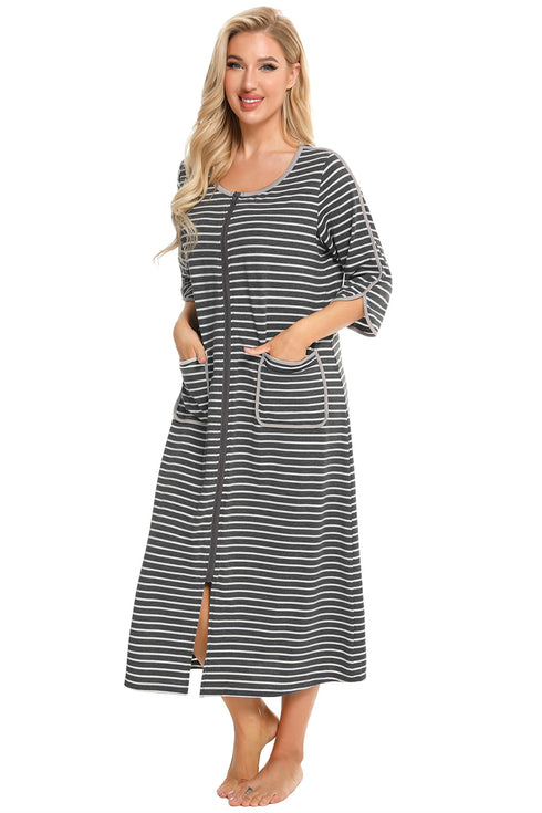 Round Neck Three-Quarter Sleeve Midi Night Dress - Fashorio
