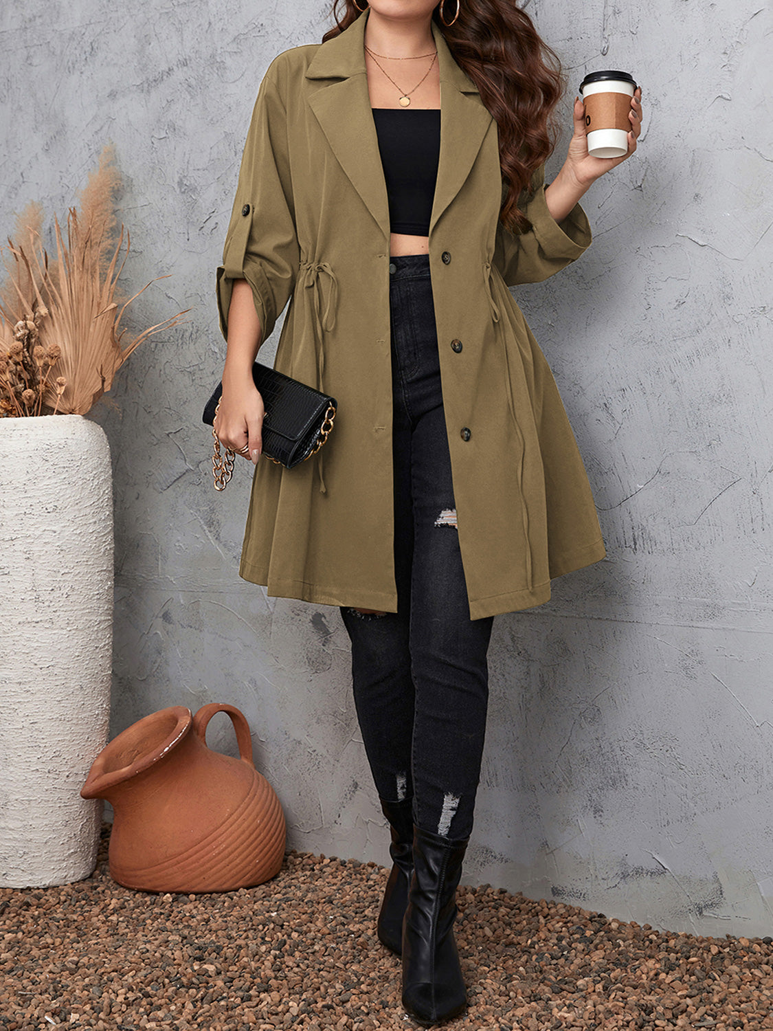 Honey Plus Size Lapel Collar Drawstring Roll-Tab Sleeve Trench Coat - Fashorio