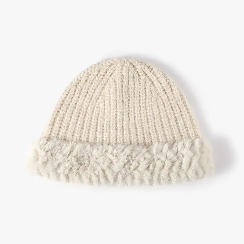 Fuzzy Hem Knit Hat Beige One Size - Fashorio