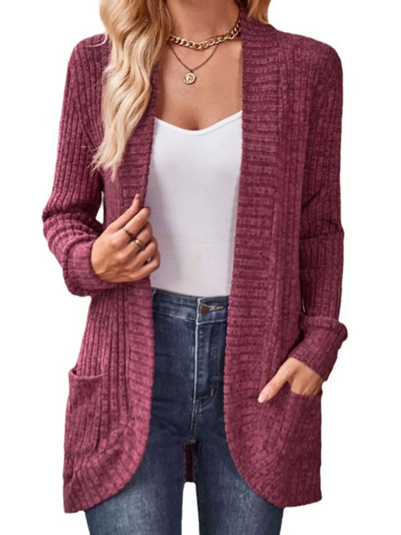 Ribbed Knit Open Front Cardigan with Pockets Wine Red - Fashorio