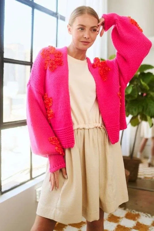 Davi & Dani Floral Applique Open Front Drop Shoulder Cardigan - Fashorio