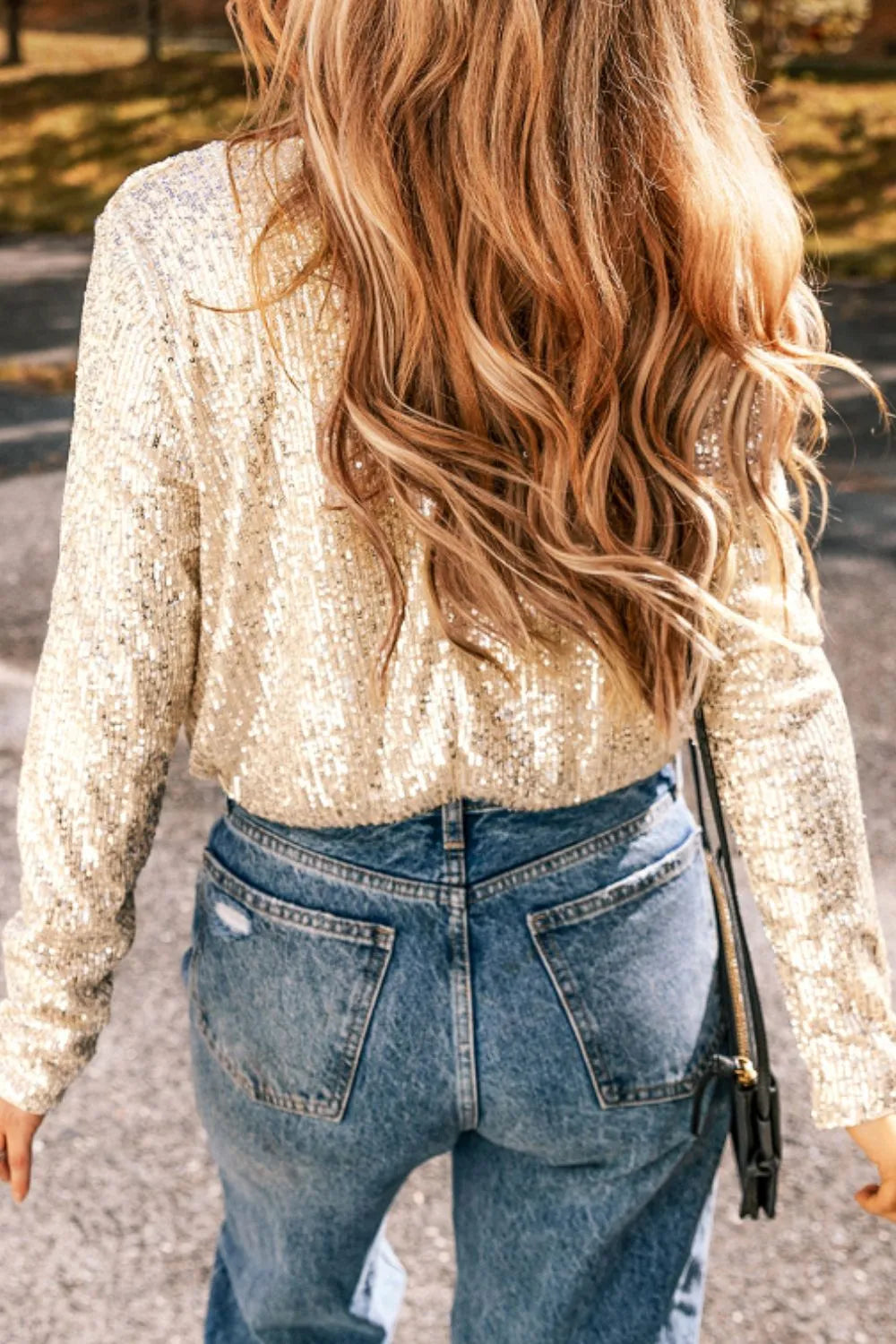 Sequin Surplice Long Sleeve Bodysuit - Fashorio