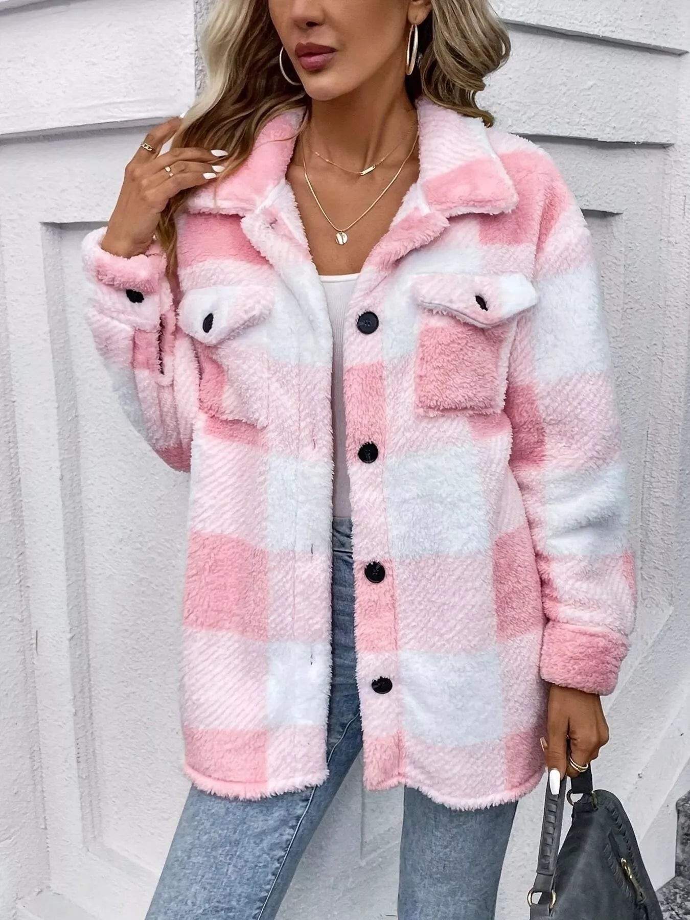 Plaid Fleece Button-Up Outerwear - Fashorio