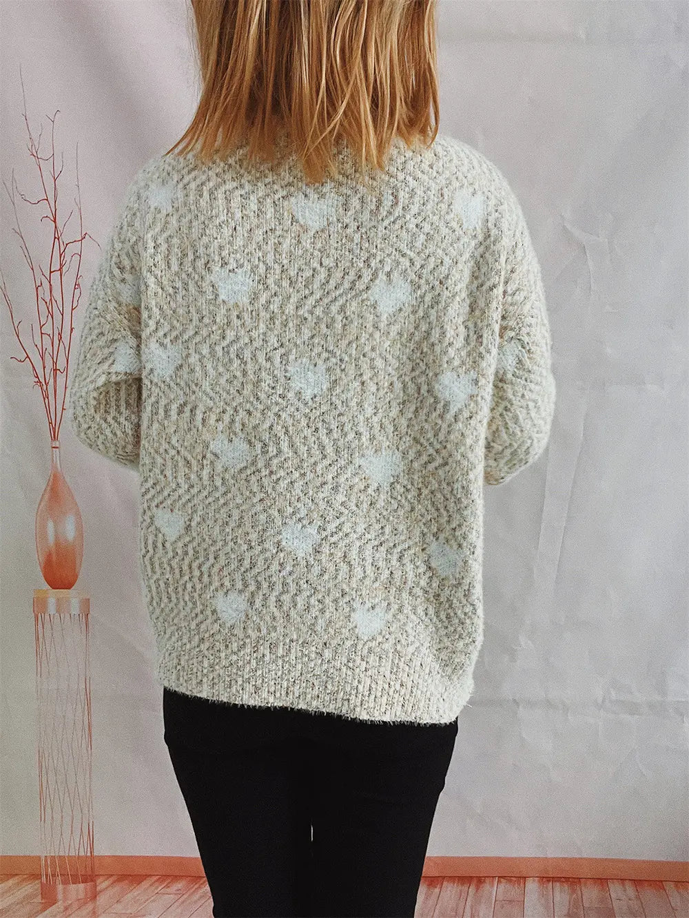 Heart Heathered Turtleneck Drop Shoulder Sweater - Fashorio