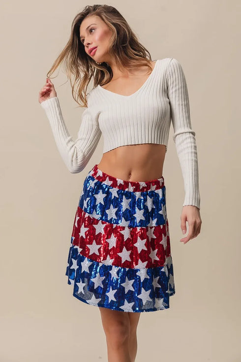 BiBi American Flag Theme Star Sequin Tiered Skirt - Fashorio