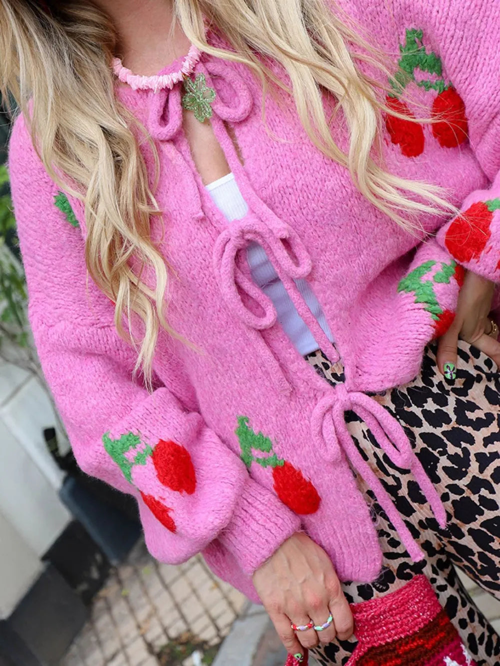 Tied Cherry Round Neck Long Sleeve Cardigan - Fashorio