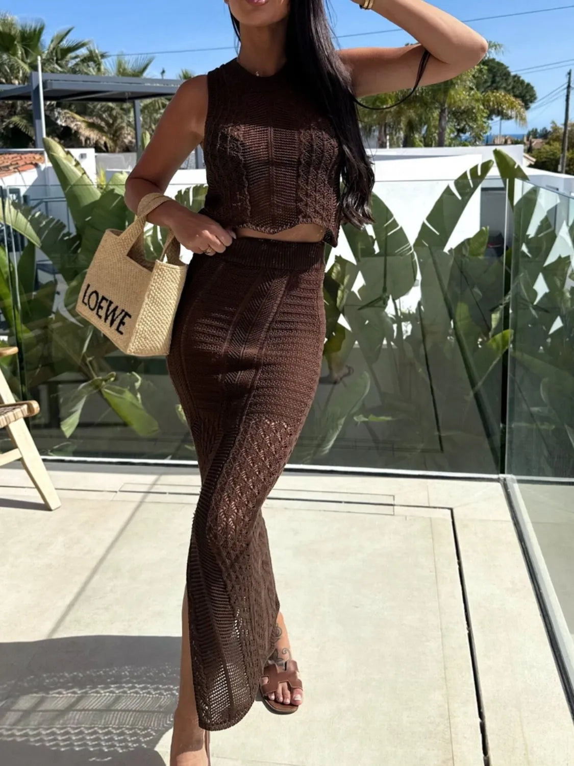 Openwork Round Neck Top and Slit Skirt Sweater Set Dark Brown - Fashorio