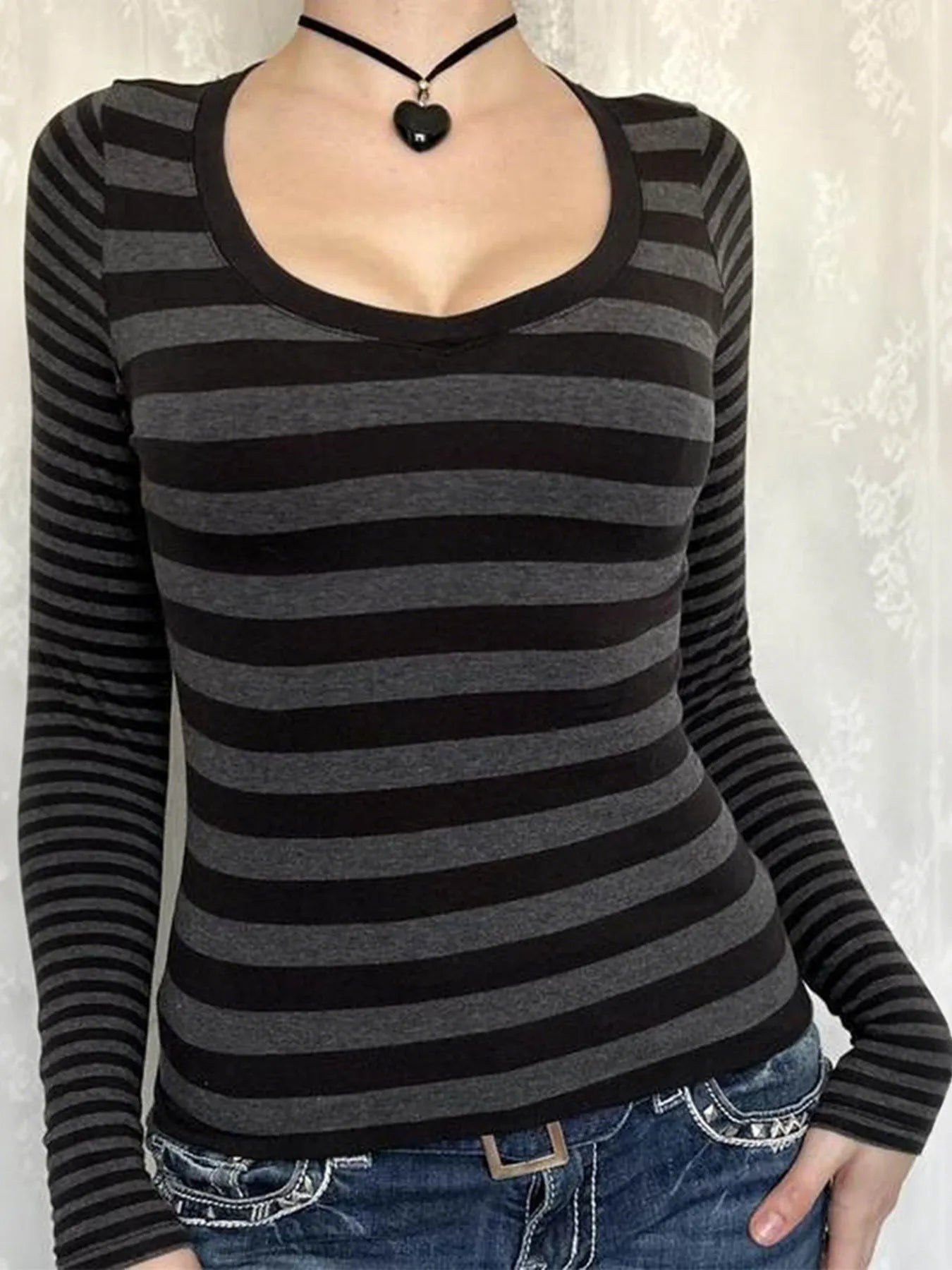 Striped Long Sleeve Contrast T-Shirt - Fashorio