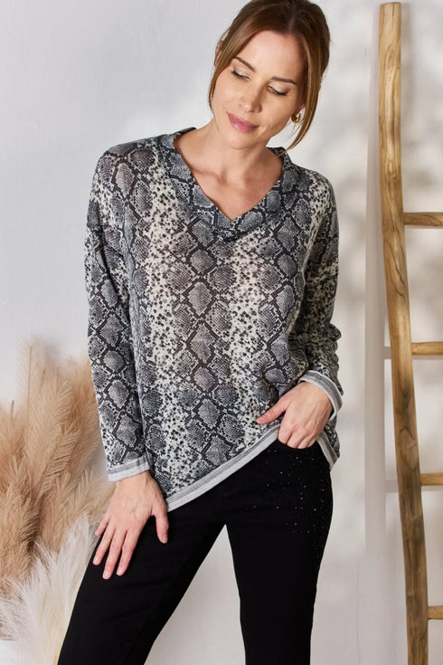 Hailey & Co Full Size Snakeskin V-Neck Long Sleeve Top - Fashorio