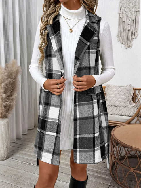 Perfee Tied Plaid Vest Coat Dark Gray - Fashorio