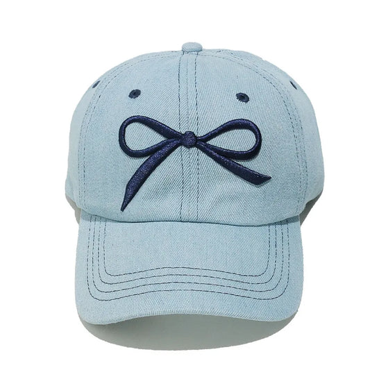 Bow Embroidered Denim Baseball Cap Light Blue One Size - Fashorio