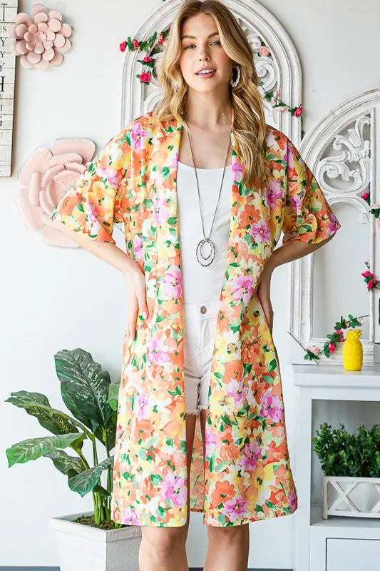 Heimish Full Size Half Sleeve Multi Color Floral Open Cardigan Plus Size - Fashorio