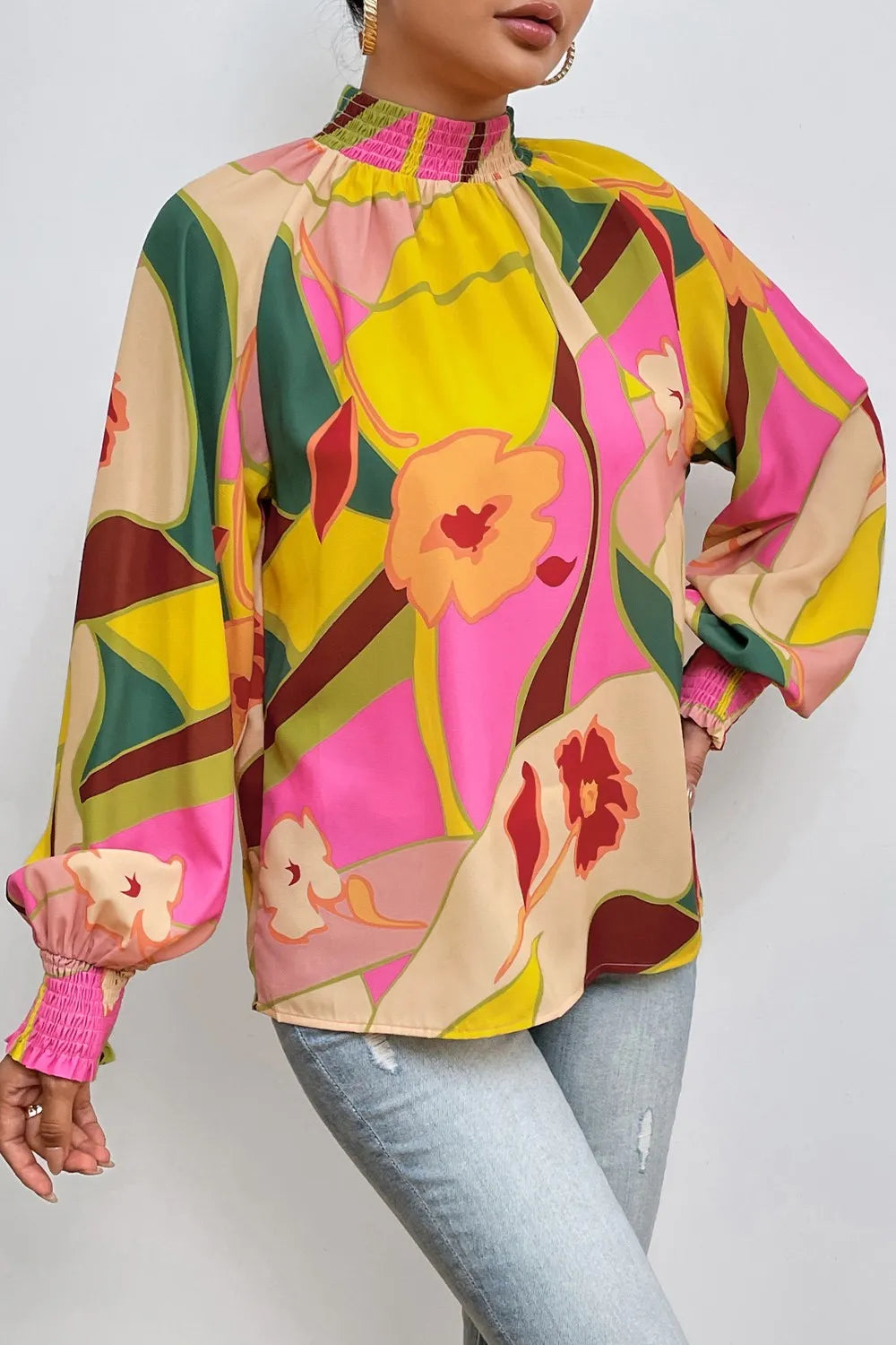 Floral Smocked Lantern Sleeve Mock Neck Blouse - Fashorio
