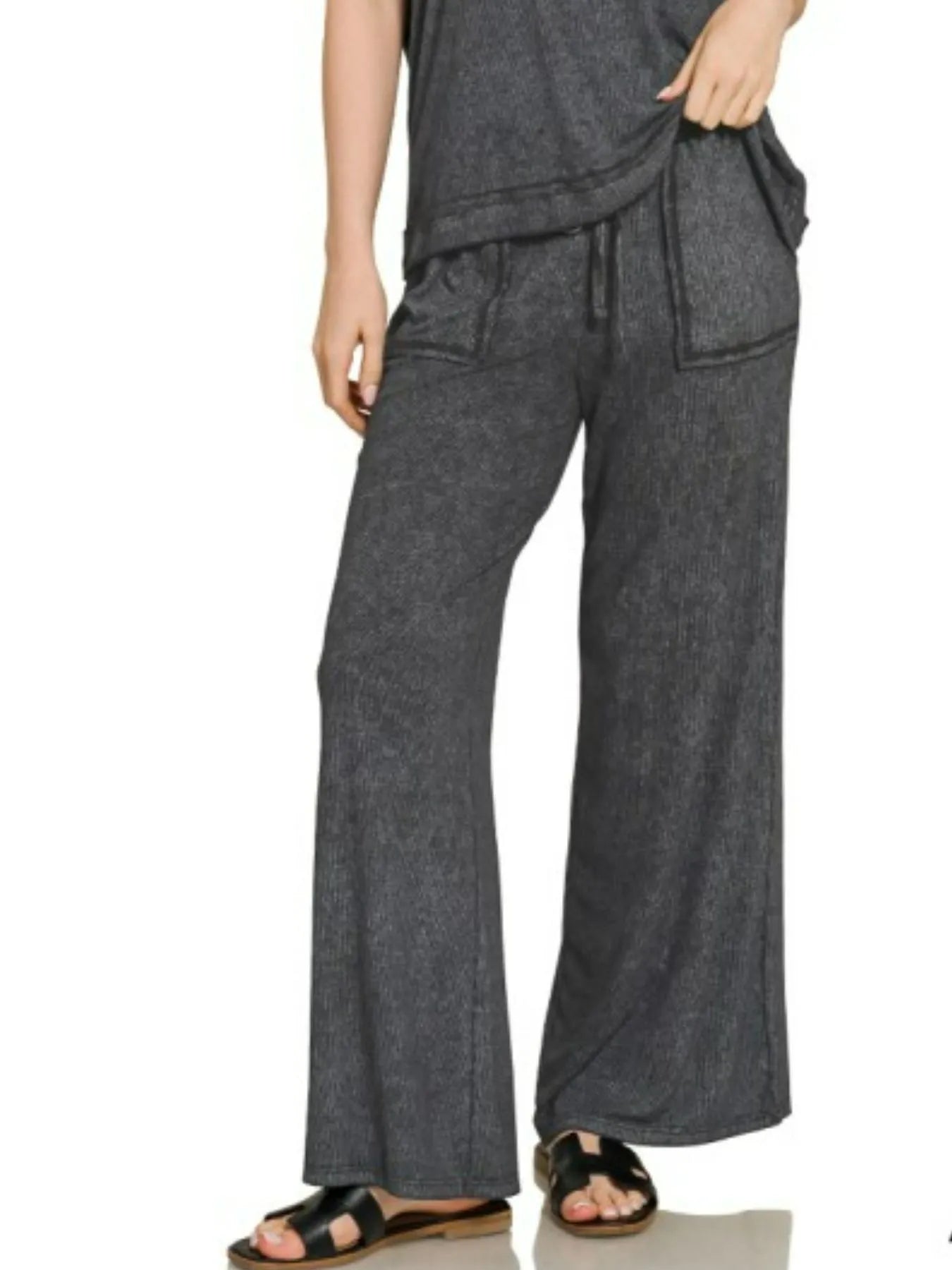 Zenana Ribbed Acid Wash Rayon Top & Pants Set - Fashorio