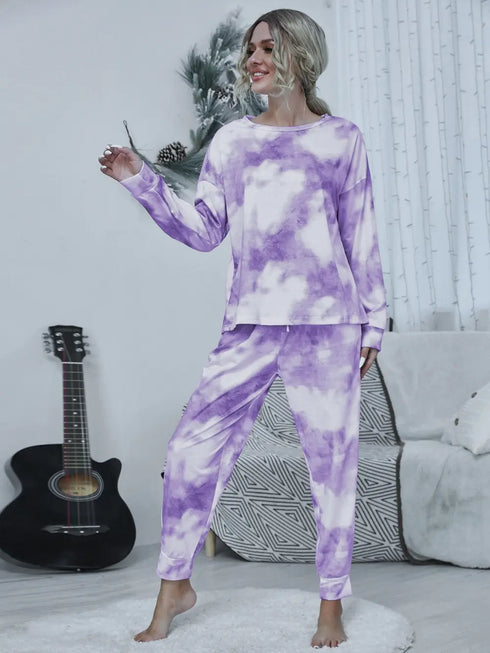 Shiny Tie-dye Round Neck Top and Drawstring Pants Lounge Set - Fashorio