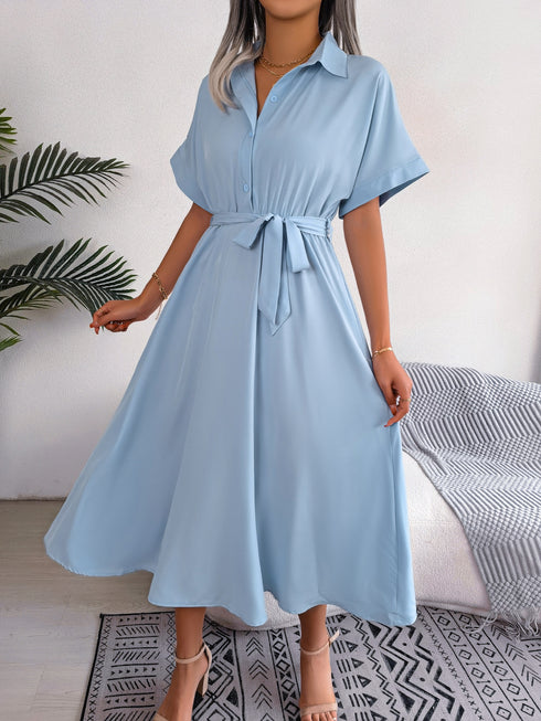 Short Sleeve Collared Tie Belt Dress - Fashorio
