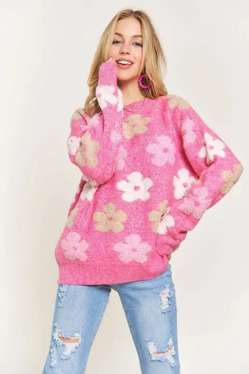 ADORA Full Size Floral Popped 2-Tone Sweater Top Plus Size - Fashorio
