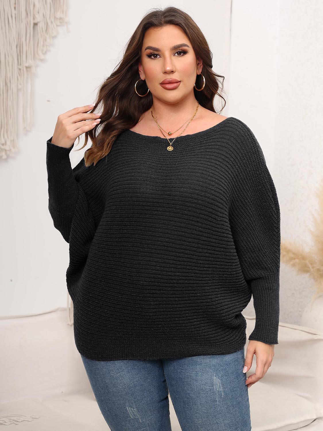 Full Size Boat Neck Batwing Sleeve Sweater Black - Fashorio