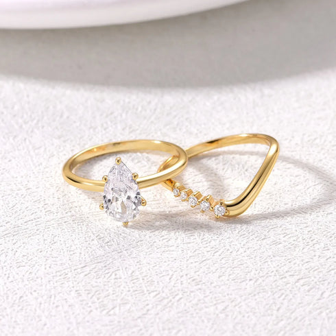 1.5 Carat Moissanite Teardrop Ring 2pcs Set Gold - Fashorio