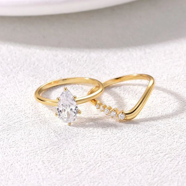1.5 Carat Moissanite Teardrop Ring 2pcs Set Gold - Fashorio