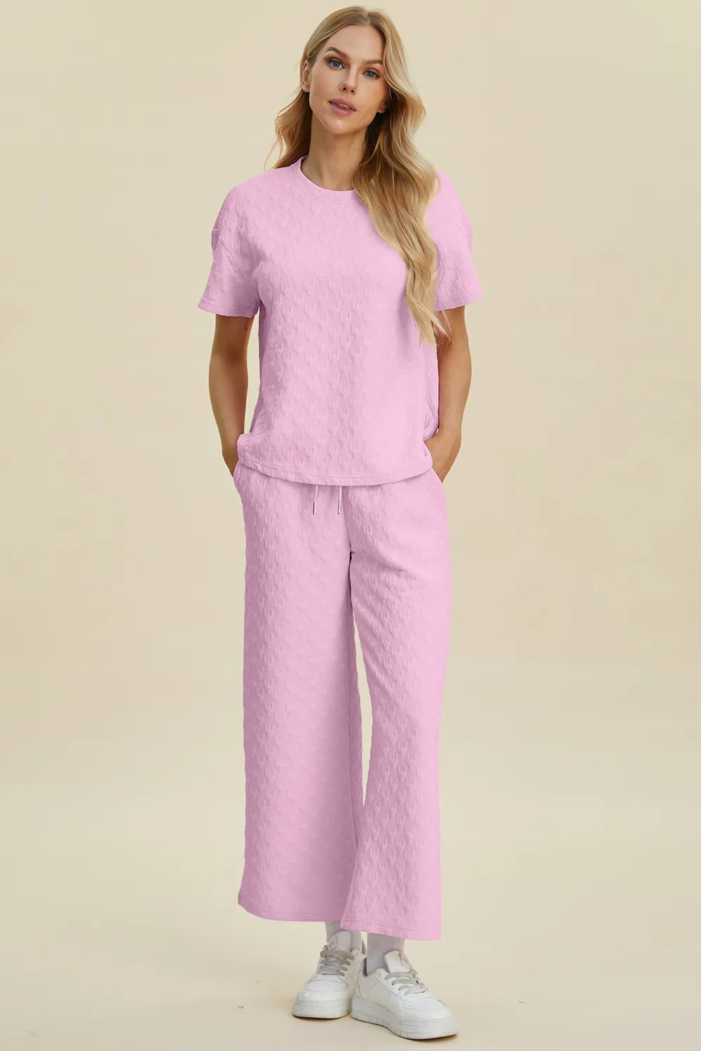 Double Take Full Size Texture Round Neck Short Sleeve Top and Pants Set - Fashorio