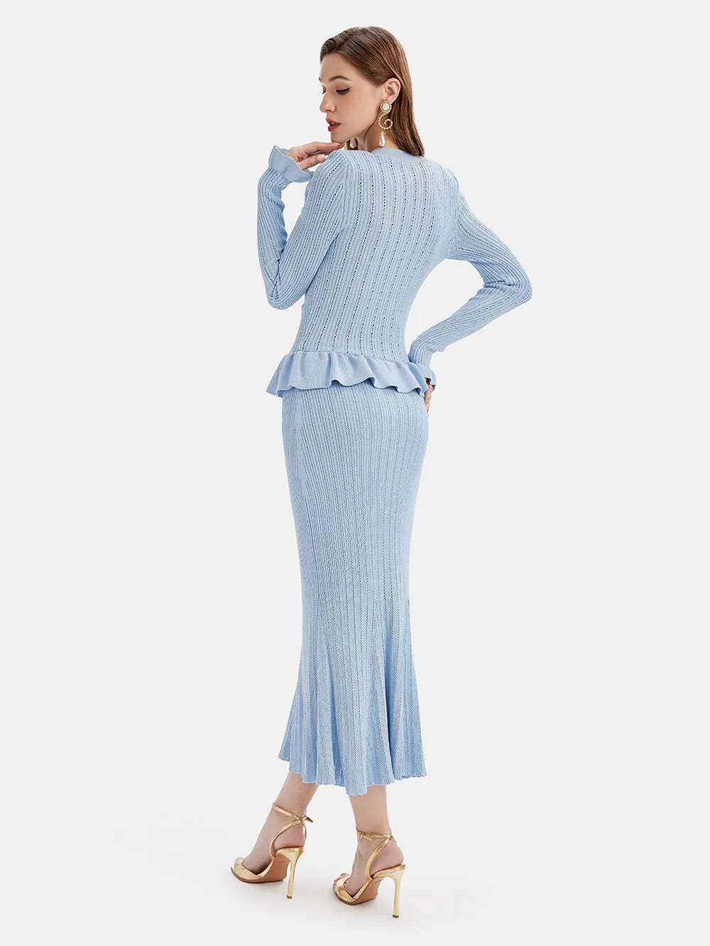 Ruffled V-Neck Top and Midi Skirt Sweater Set - Fashorio