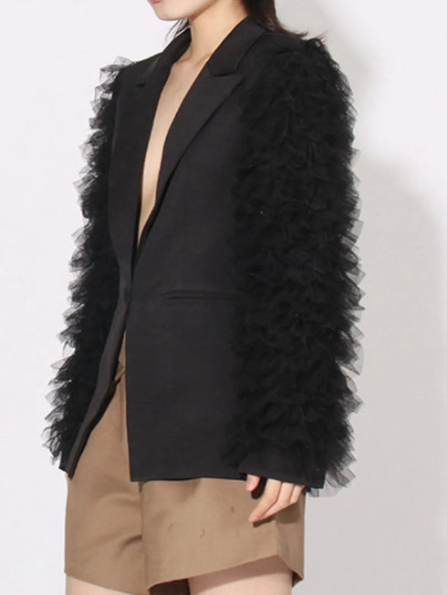 One Button Mesh Long Sleeve Blazer - Fashorio