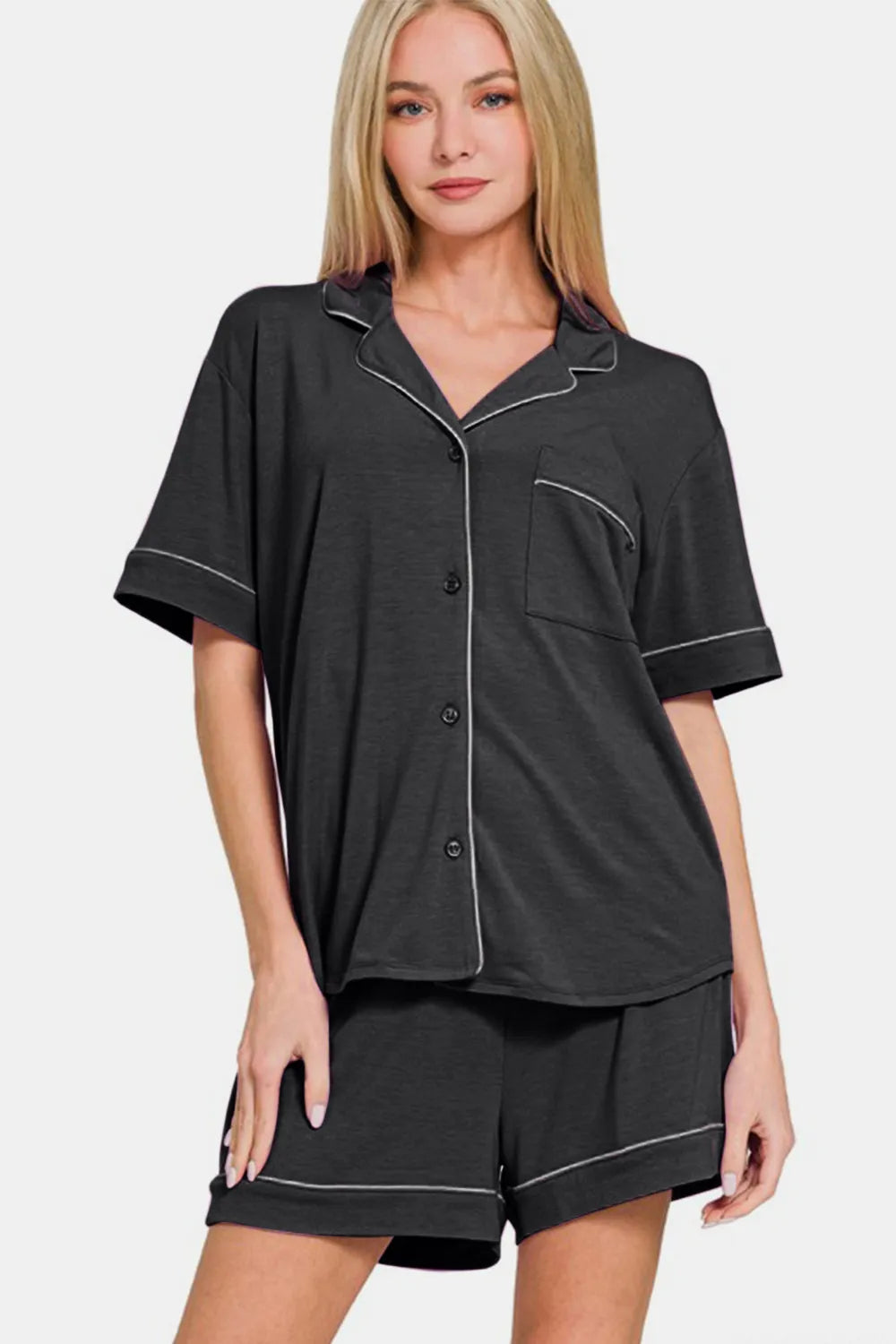 Zenana Button Down Short Sleeve Top and Shorts Lounge Set - Fashorio