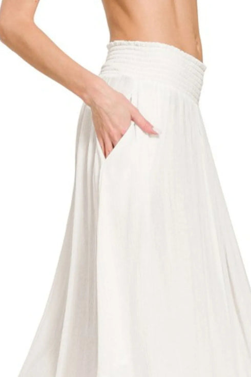 Zenana Woven Crinkle Smocked Waist Maxi Skirt W Pockets - Fashorio
