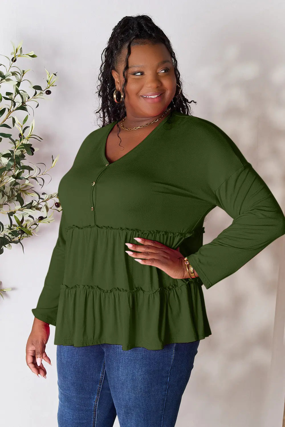 Double Take Half Button Long Sleeve Ruffle Hem Blouse - Fashorio