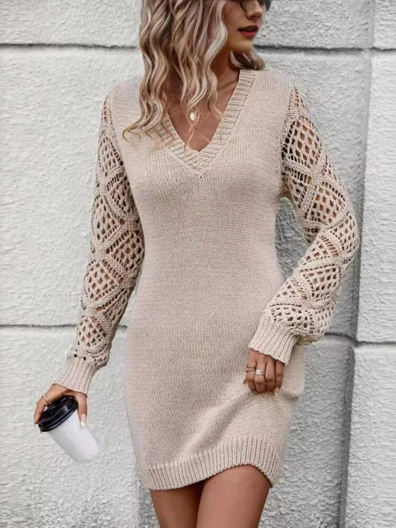 V-Neck Hollow Out Sleeve Sweater Dress Apricot - Fashorio