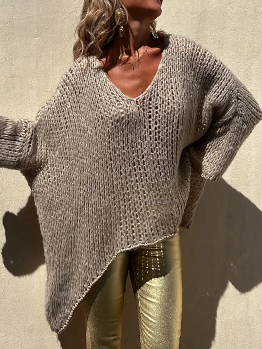 Contrast V-Neck Long Sleeve Sweater Camel - Fashorio