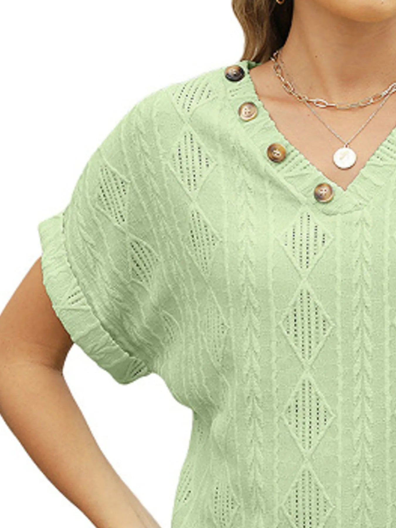 Textured V-Neck Short Sleeve Top - Fashorio