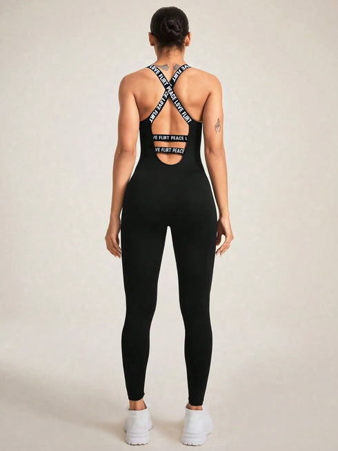 Crisscross Back Sleeveless Active Jumpsuit - Fashorio