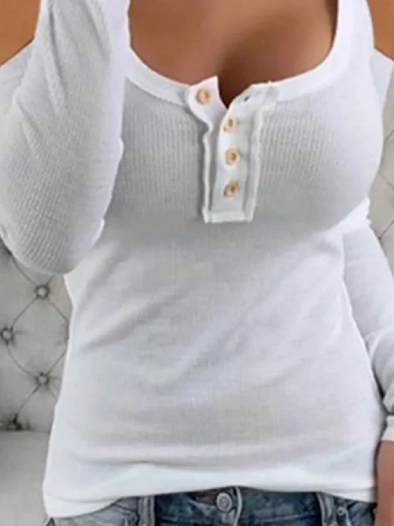 Cold Shoulder Ribbed Henley T-Shirt with Button Detail - Fashorio