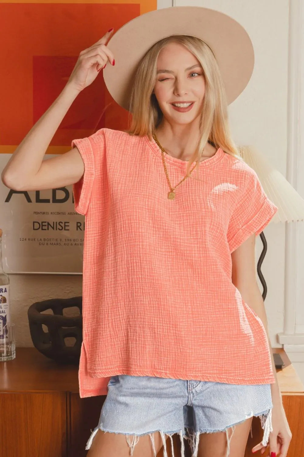 Zenana Woven Double Gauze Acid Washed Short Sleeve Top - Fashorio
