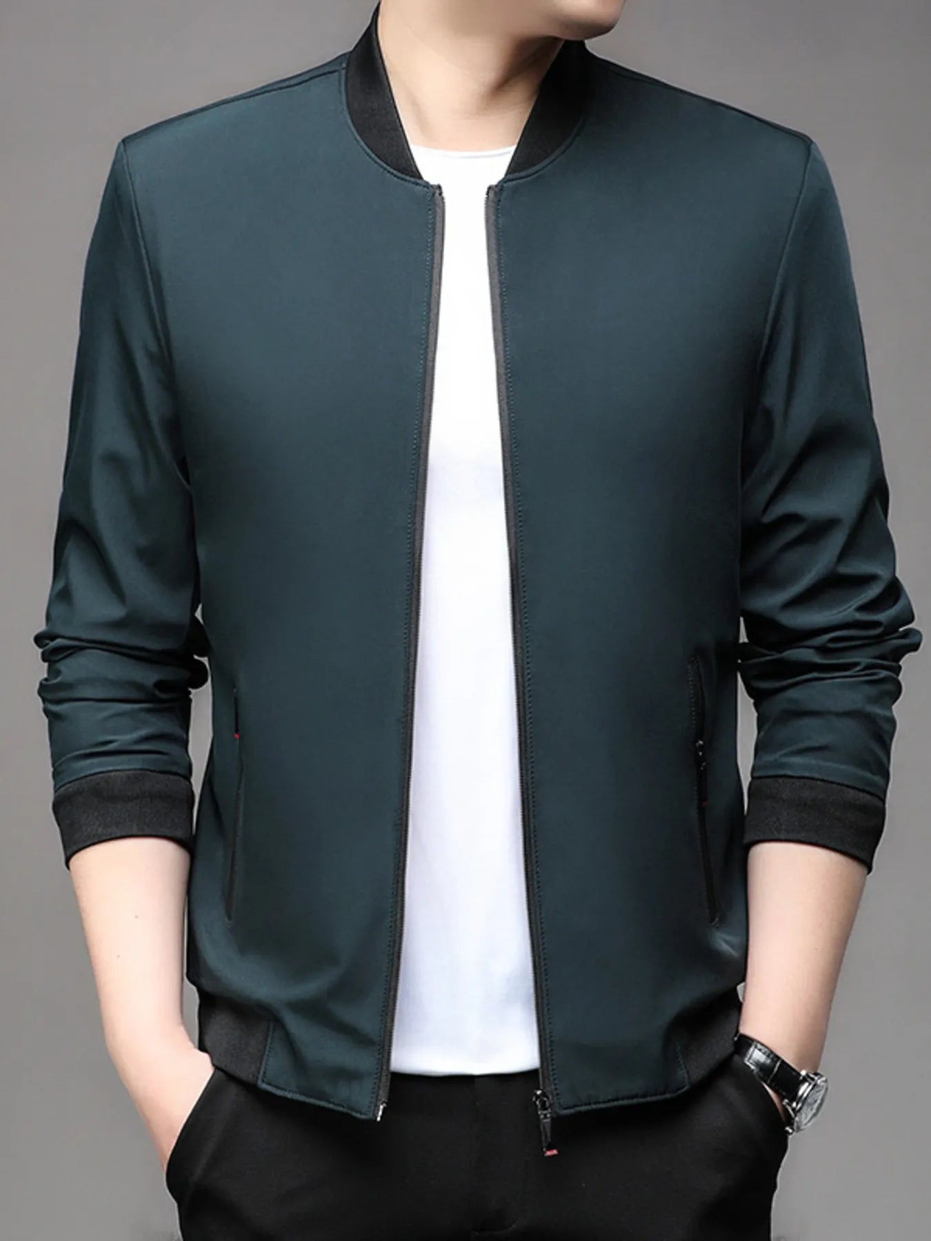 Men's Plus Size Full Zip Front Closure Bomber Jacket with Pockets Dark Green - Fashorio