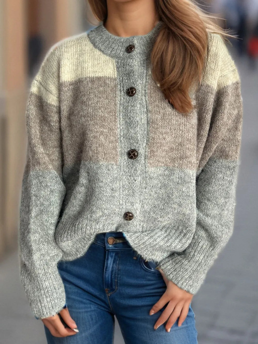 Color Block Round Neck Button Up Cardigan - Fashorio