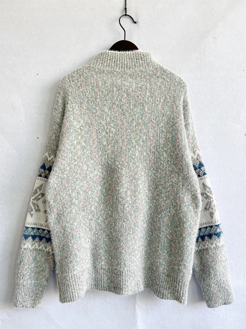 Geometric Mock Neck Dropped Shoulder Sweater - Fashorio