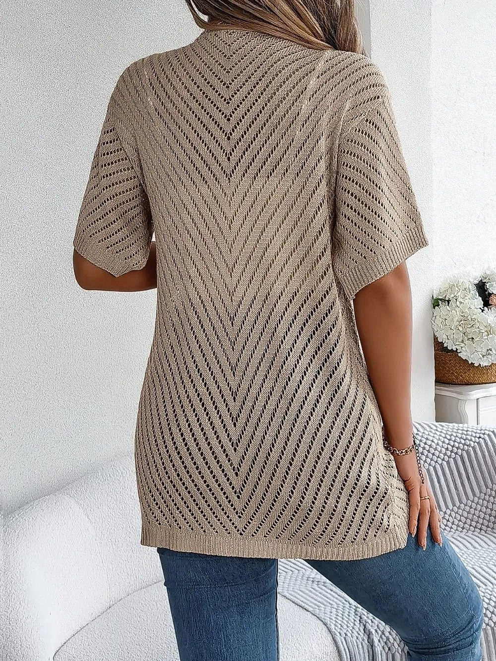 Openwork Open Front Half Sleeve Cardigan - Fashorio