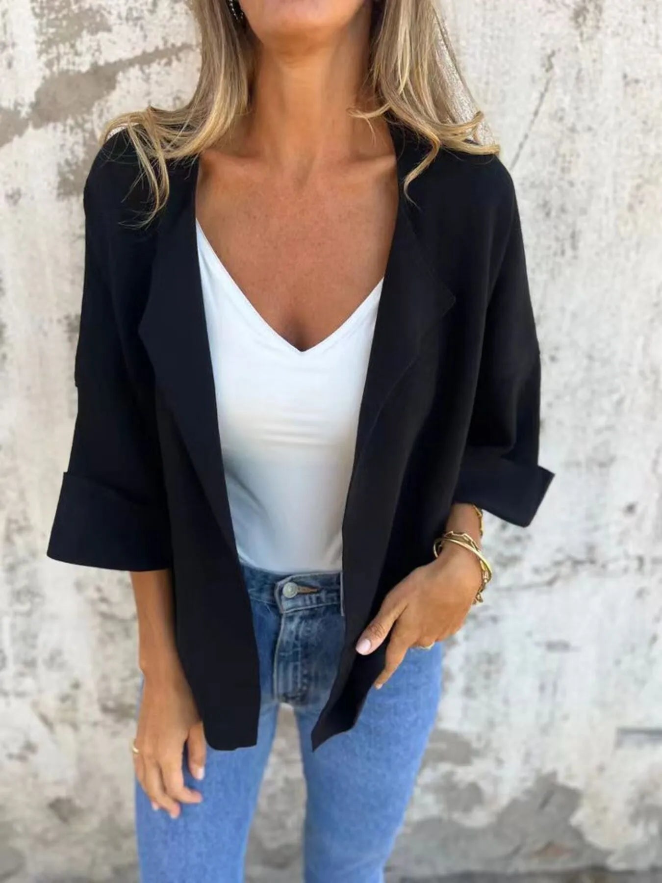 Full Size Open Front 3/4 Sleeve Cardigan Plus Size Black - Fashorio