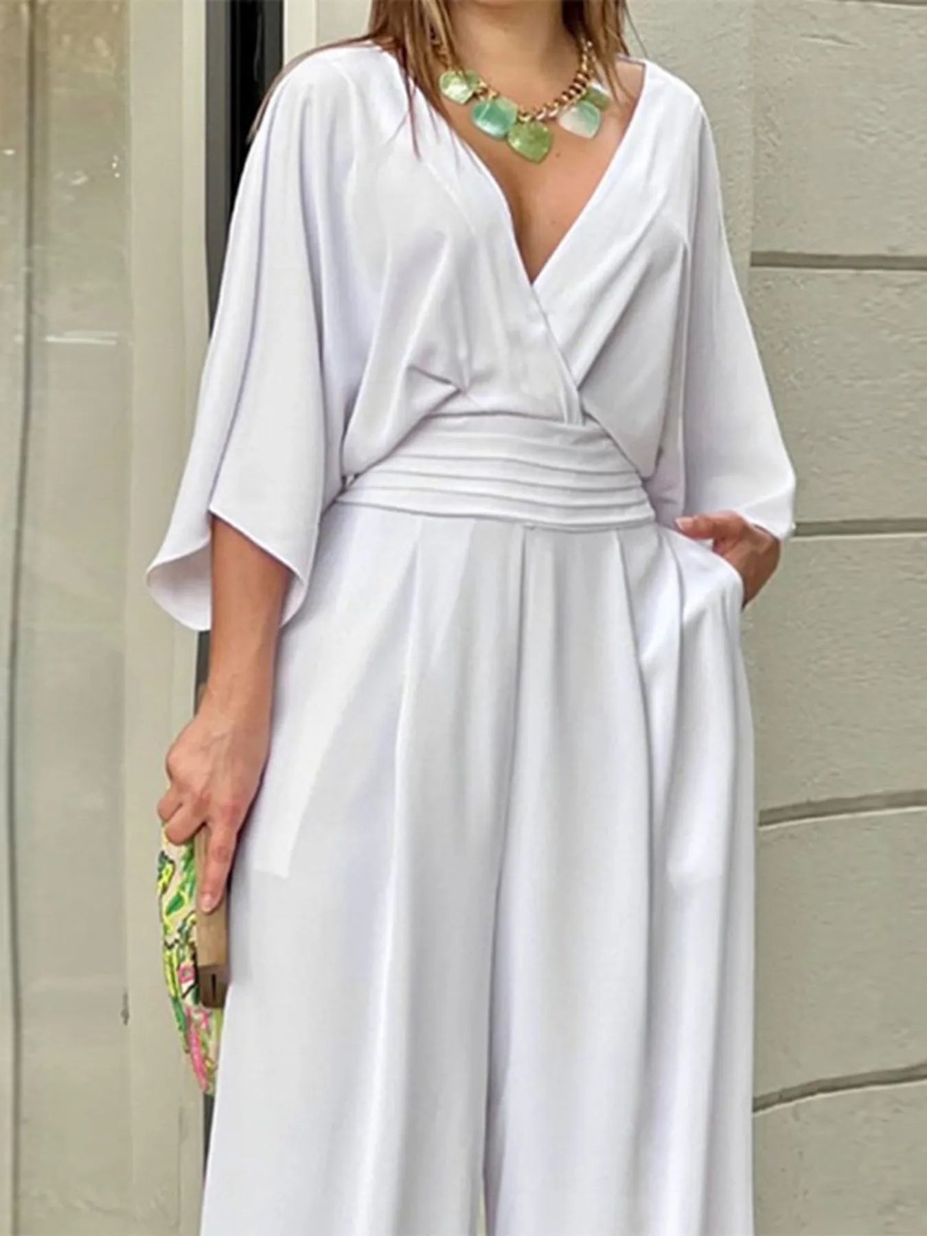 Full Size Wide-Leg Wrap Jumpsuit with Kimono Sleeves Plus Size - Fashorio