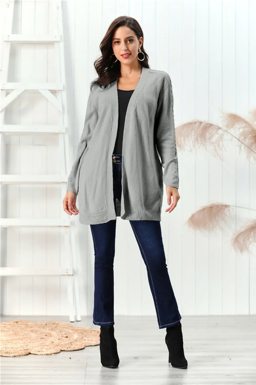 Cable-Knit Open Front Long Sleeve Cardigan - Fashorio