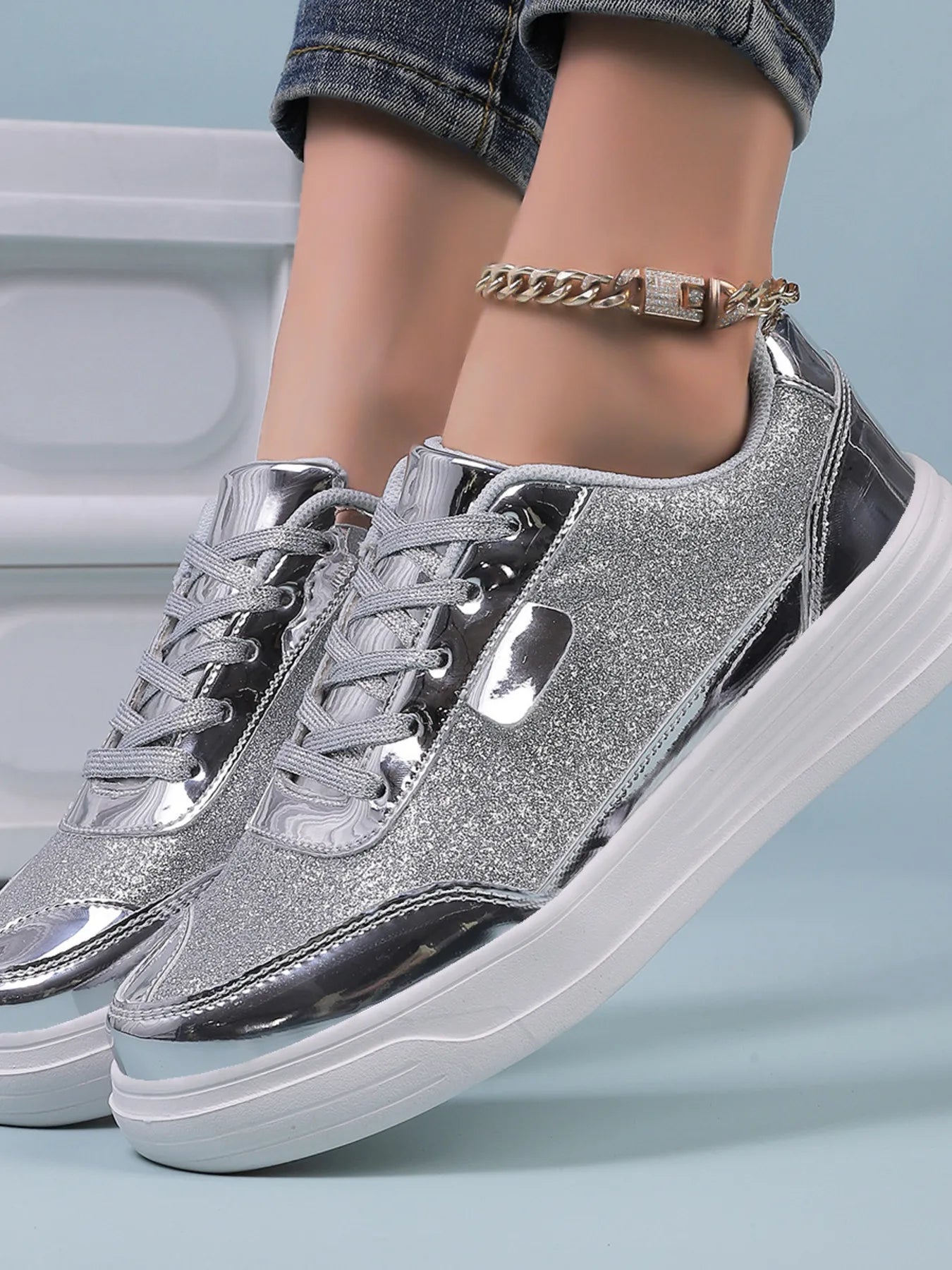 Glitter Metallic Platform Sneakers Black Silver - Fashorio