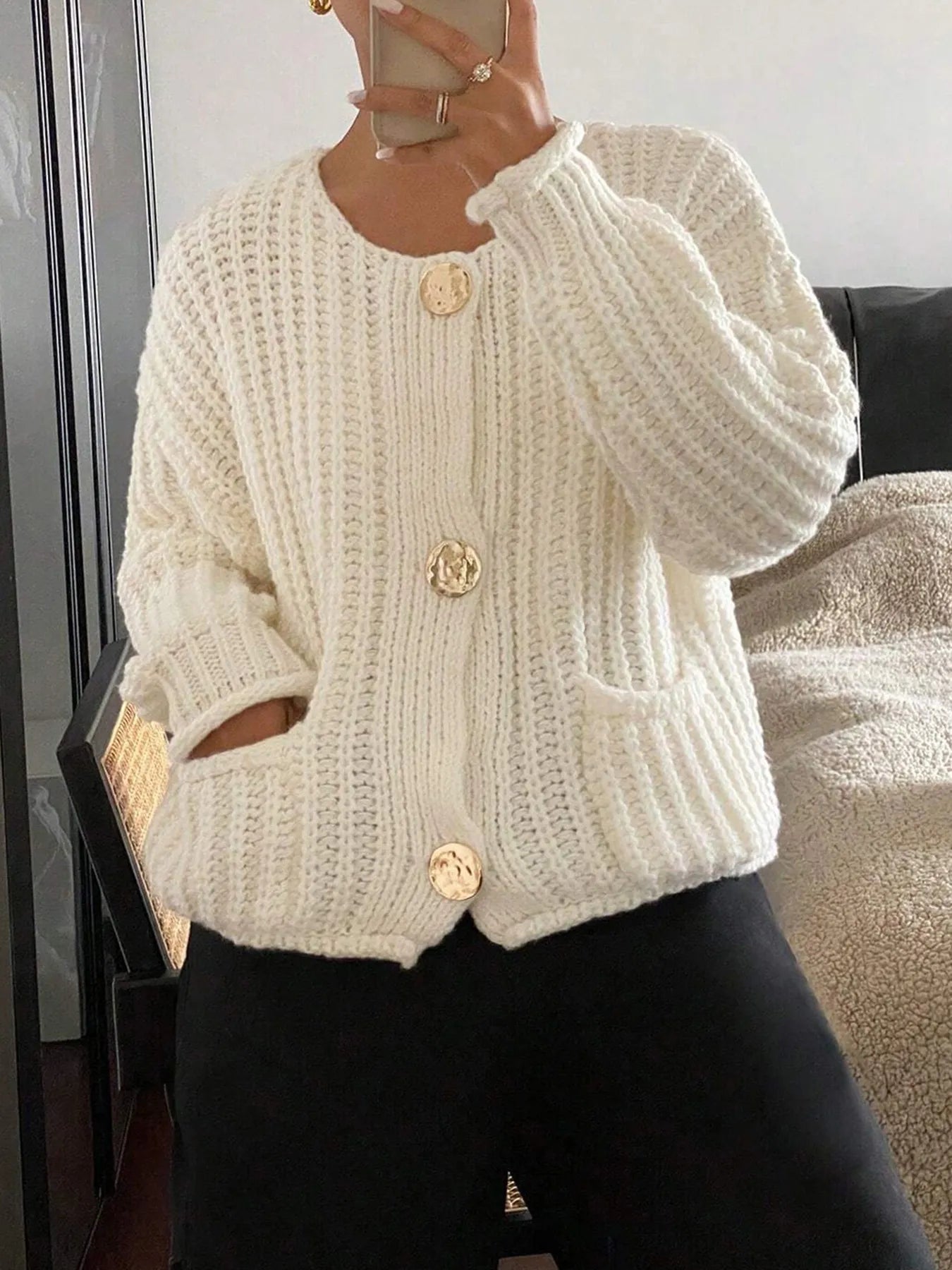 Button-Front Knit Cardigan with Pockets - Fashorio