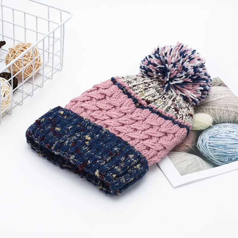 Contrast Thermal Hat with Pompom Pink One Size - Fashorio